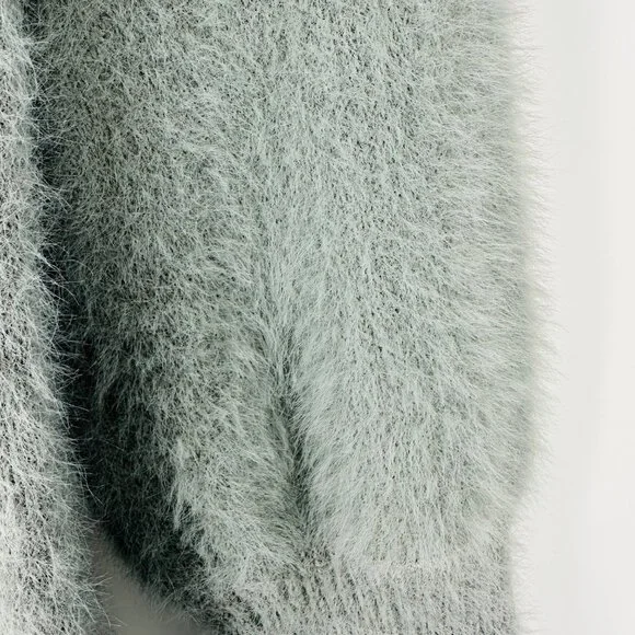 LBD Gray Fuzzy Long Balloon Sleeve Turtleneck Knit Short Sweater Dress Size S - Picture 6 of 9